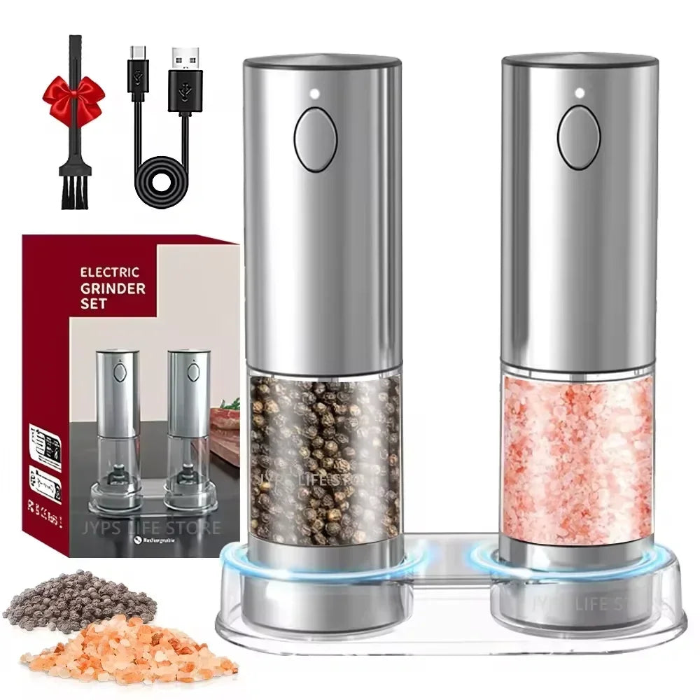 Electric salt and pepper grinder set with USB charging, LED base, and gift box for kitchen essentials